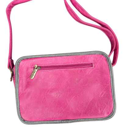 Cotton Road Sling Bag: ROSE PINK PU Leather Bag with GREY Trim and Buckle detailing BACK