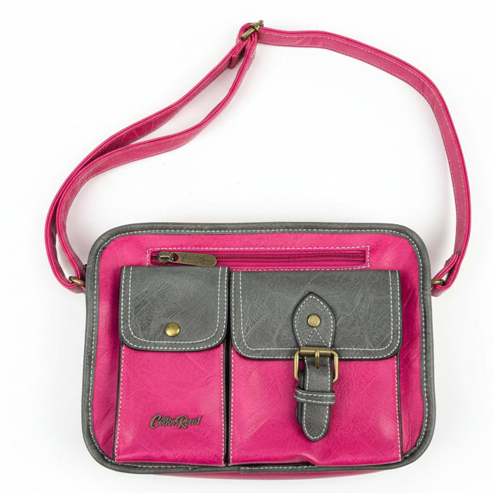 Cotton Road Sling Bag: ROSE PINK PU Leather Bag with GREY Trim and Buckle detailing