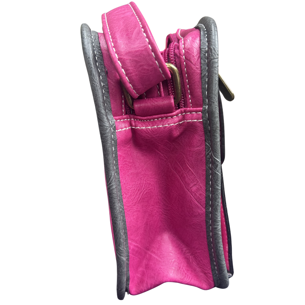 Cotton Road Sling Bag: ROSE PINK PU Leather Bag with GREY Trim and Buckle detailing SIDE VIEW