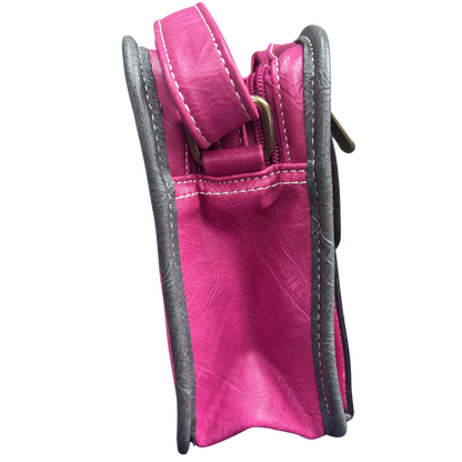 Cotton Road Sling Bag: ROSE PINK PU Leather Bag with GREY Trim and Buckle detailing SIDE VIEW