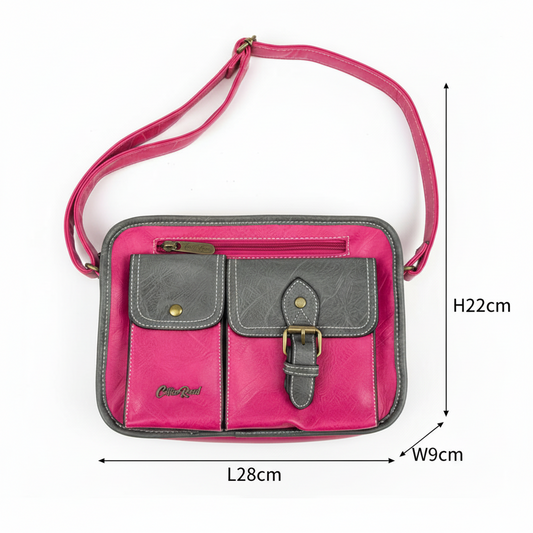 Cotton Road Sling Bag: ROSE PINK PU Leather Bag with GREY Trim and Buckle detailing SIZED