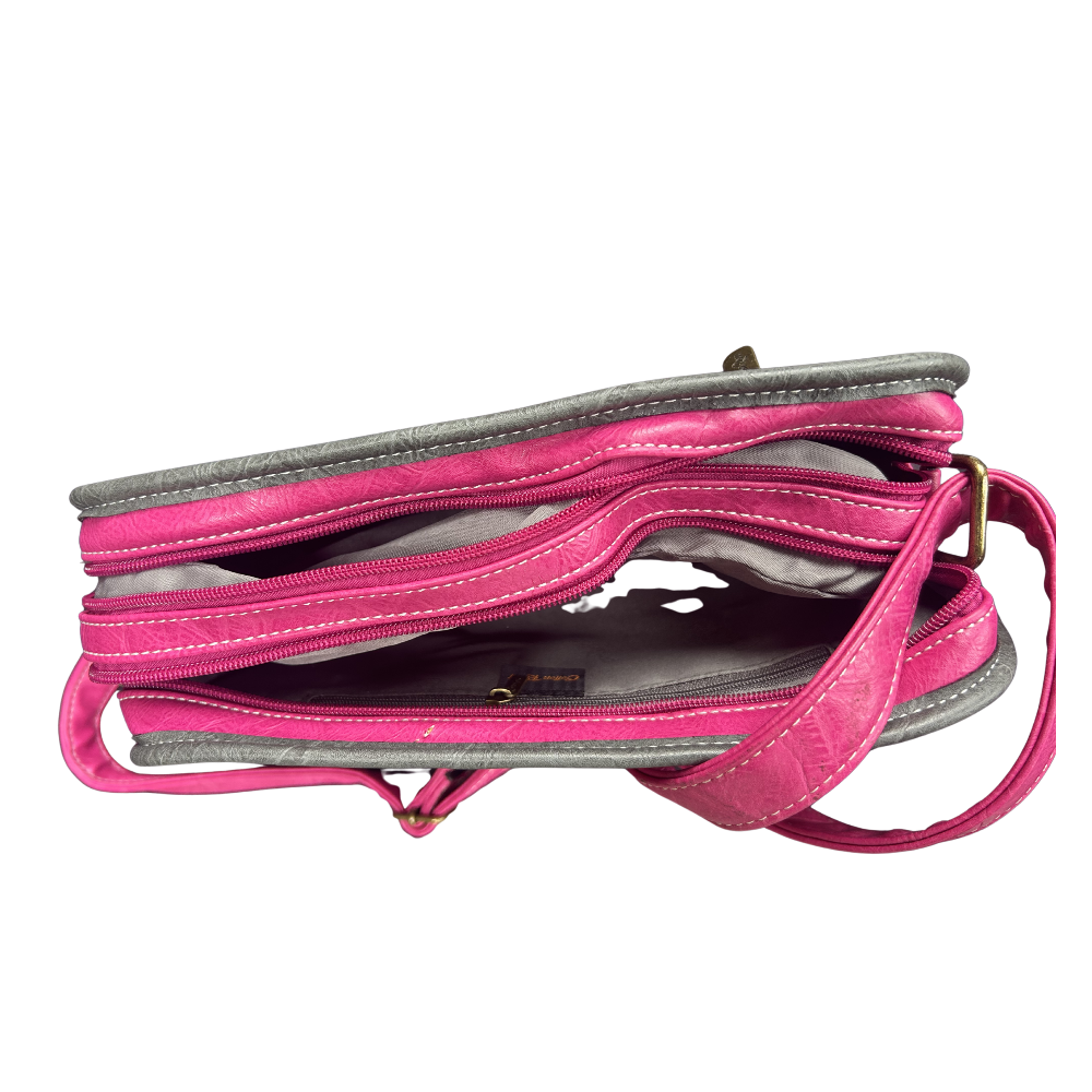 Cotton Road Sling Bag: ROSE PINK PU Leather Bag with GREY Trim and Buckle detailing TOP