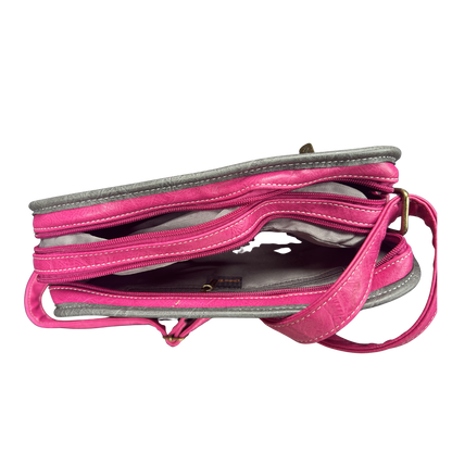 Cotton Road Sling Bag: ROSE PINK PU Leather Bag with GREY Trim and Buckle detailing TOP