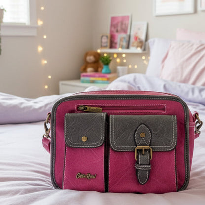 Cotton Road Sling Bag: ROSE PINK PU Leather with GREY Trim and Buckle detailing
