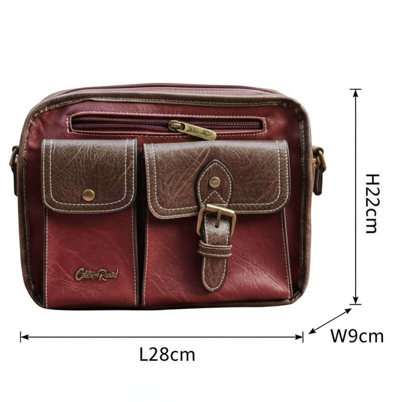 Cotton Road Sling Bag: RED PU Leather Bag with BROWN Trim and Buckle detailing SIZED