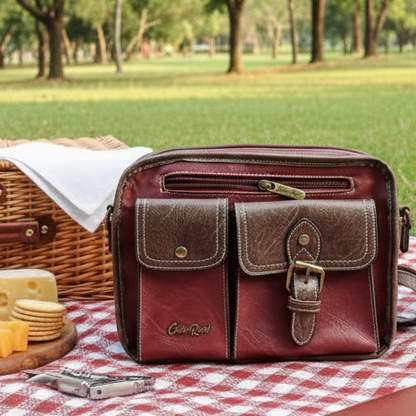 Cotton Road Sling Bag: RED PU Leather Bag with BROWN Trim and Buckle detailing