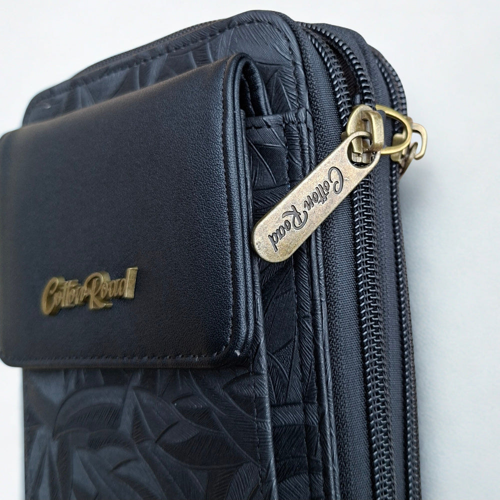 Cotton Road Sling Wallet: BLACK PU Leather Cellphone Sling Wallet with EMBOSSED leaf pattern DETAIL