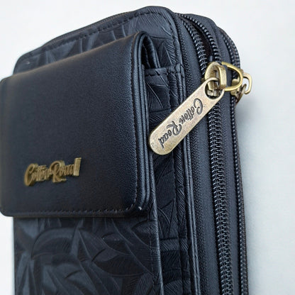 Cotton Road Sling Wallet: BLACK PU Leather Cellphone Sling Wallet with EMBOSSED leaf pattern DETAIL