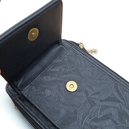 Cotton Road Sling Wallet: BLACK PU Leather Cellphone Sling Wallet with EMBOSSED leaf pattern CLASP