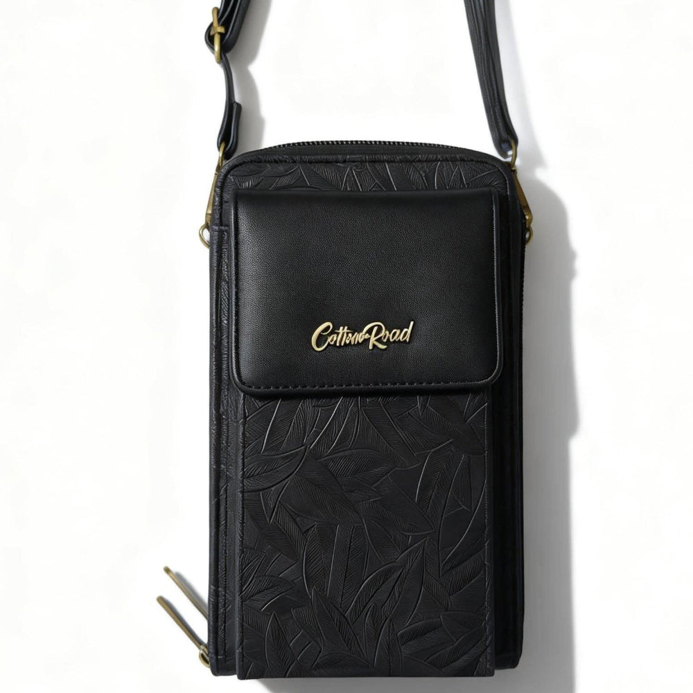 Cotton Road Sling Wallet: BLACK PU Leather Cellphone Sling Wallet with EMBOSSED leaf pattern HANGING