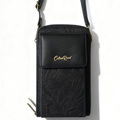 Cotton Road Sling Wallet: BLACK PU Leather Cellphone Sling Wallet with EMBOSSED leaf pattern HANGING