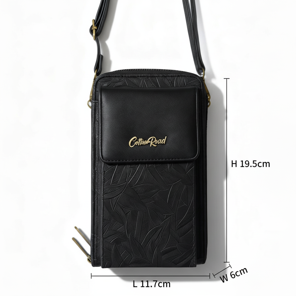 Cotton Road Sling Wallet: BLACK PU Leather Cellphone Sling Wallet with EMBOSSED leaf pattern SIZED