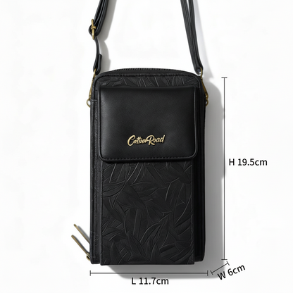 Cotton Road Sling Wallet: BLACK PU Leather Cellphone Sling Wallet with EMBOSSED leaf pattern SIZED