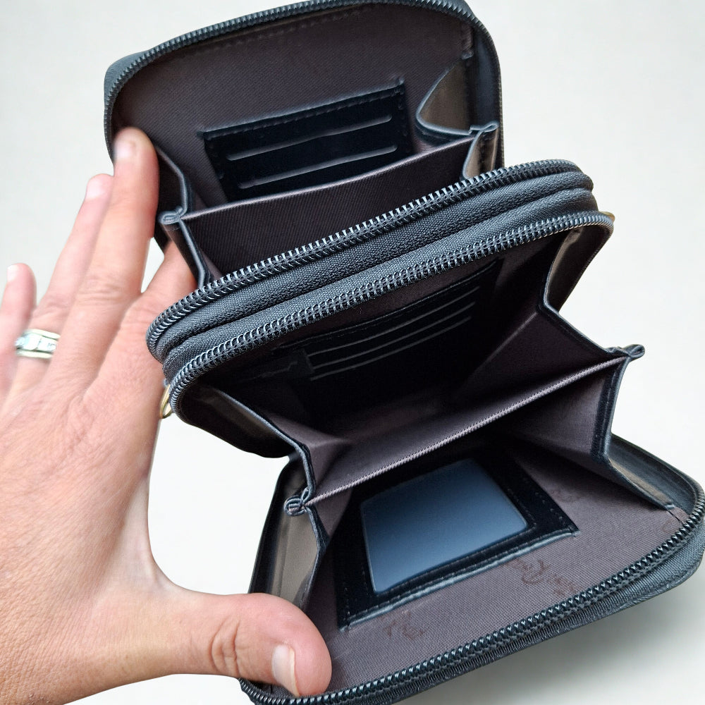 Cotton Road Sling Wallet: BLACK PU Leather Cellphone Sling Wallet with EMBOSSED leaf pattern STRECHED OPEN