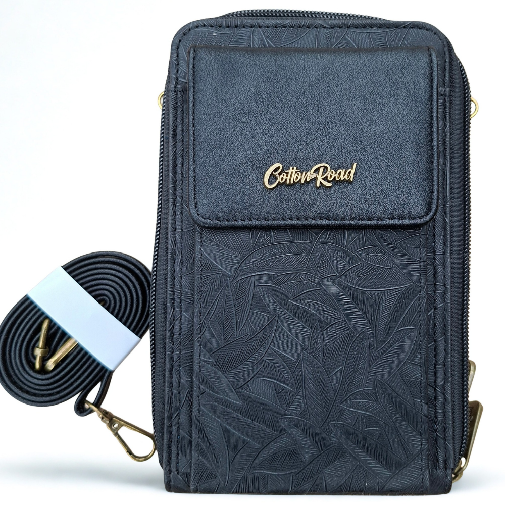 Cotton Road Sling Wallet: BLACK PU Leather Cellphone Sling Wallet with EMBOSSED leaf pattern ON WHITE