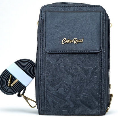 Cotton Road Sling Wallet: BLACK PU Leather Cellphone Sling Wallet with EMBOSSED leaf pattern ON WHITE