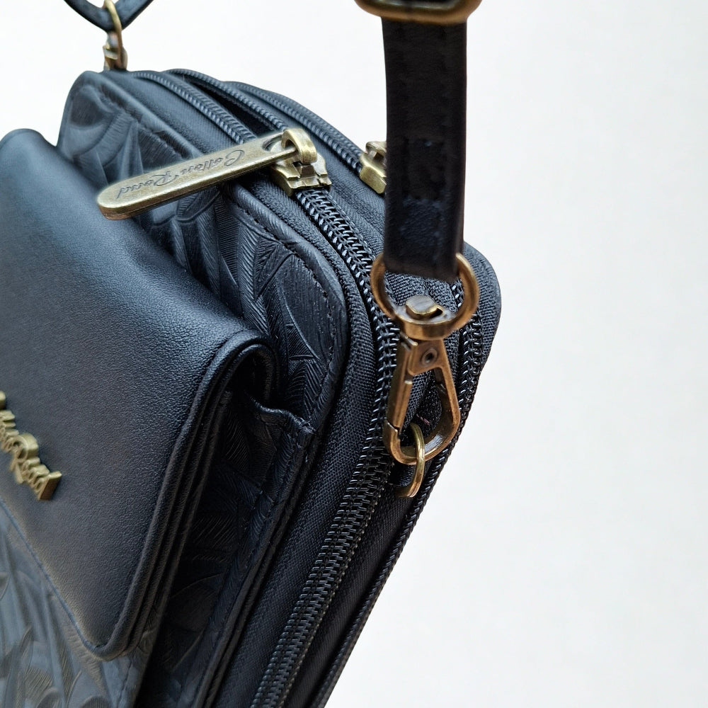 Cotton Road Sling Wallet: BLACK PU Leather Cellphone Sling Wallet with EMBOSSED leaf pattern TOP ZIPS
