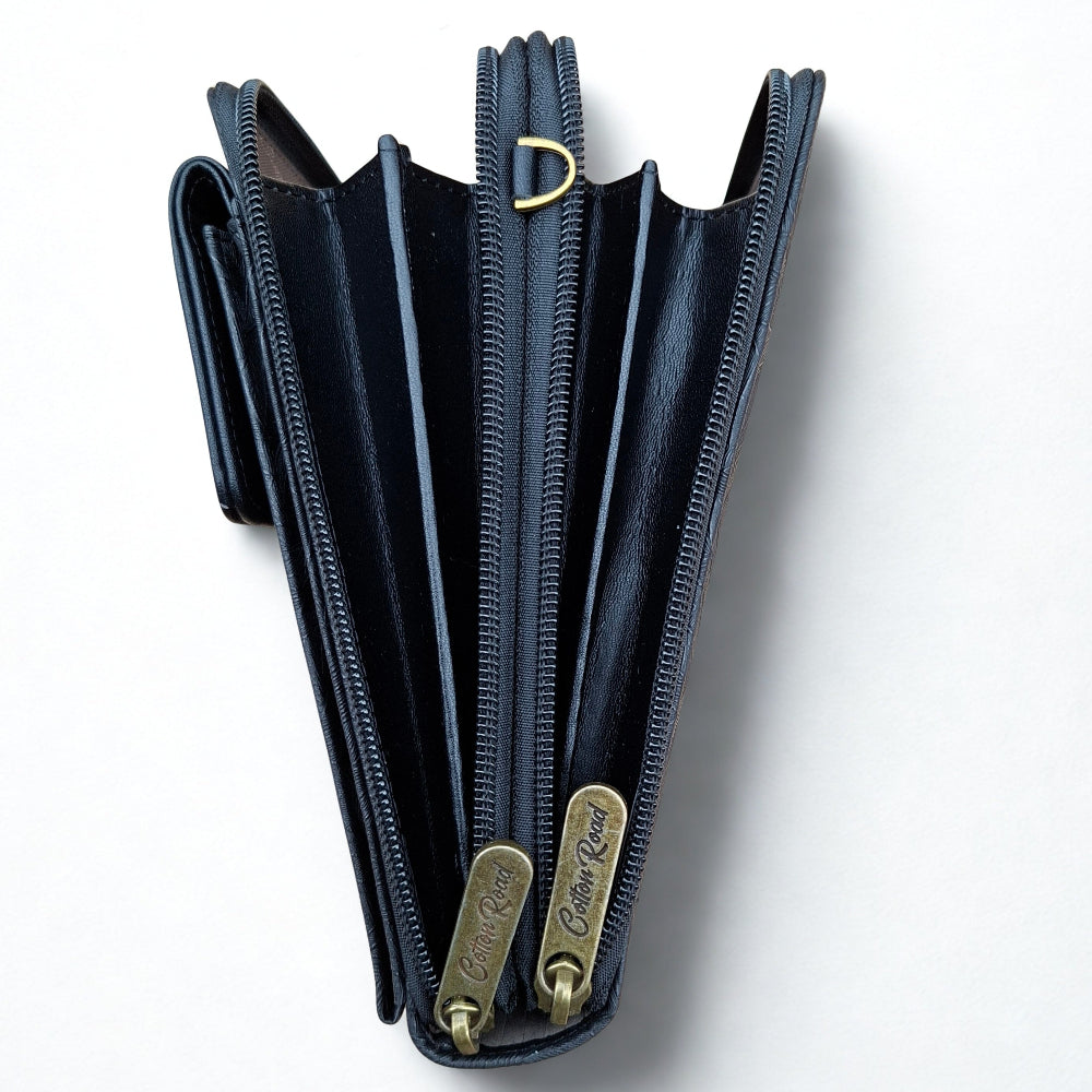 Cotton Road Sling Wallet: BLACK PU Leather Cellphone Sling Wallet with EMBOSSED leaf pattern OPEN SIDE VIEW