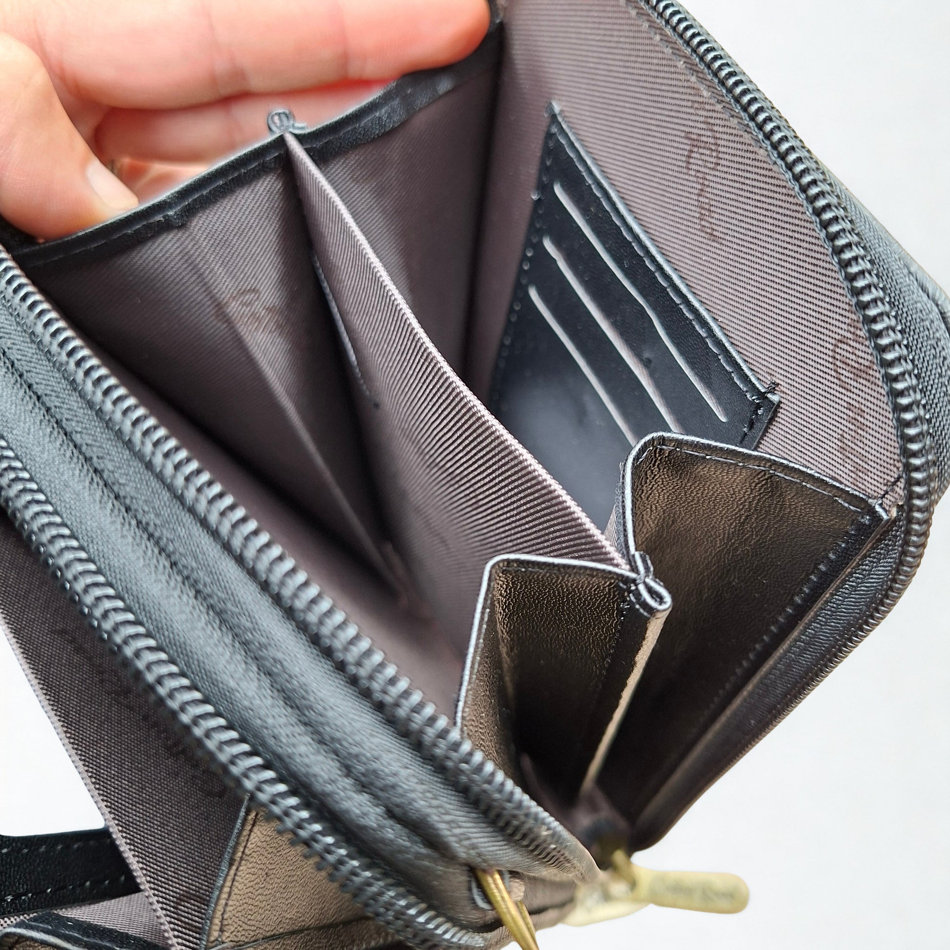 Cotton Road Sling Wallet: BLACK PU Leather Cellphone Sling Wallet with EMBOSSED leaf pattern OPEN