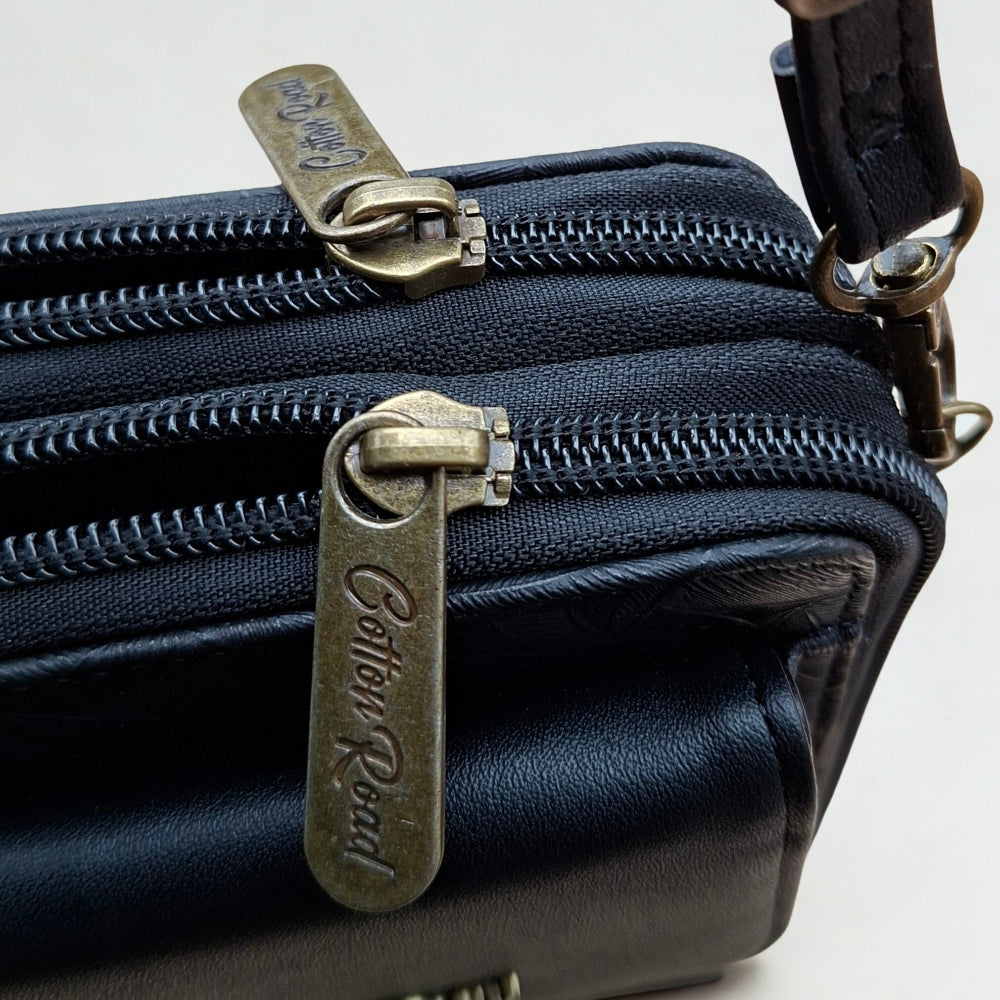Cotton Road Sling Wallet: BLACK PU Leather Cellphone Sling Wallet with EMBOSSED leaf pattern TOP