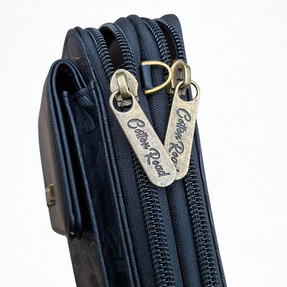 Cotton Road Sling Wallet: BLACK PU Leather Cellphone Sling Wallet with EMBOSSED leaf pattern SIDE ZIPS CLOSED