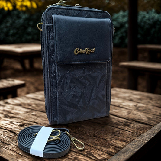 Cotton Road Sling Wallet: BLACK PU Leather Cellphone Sling Wallet with EMBOSSED leaf pattern