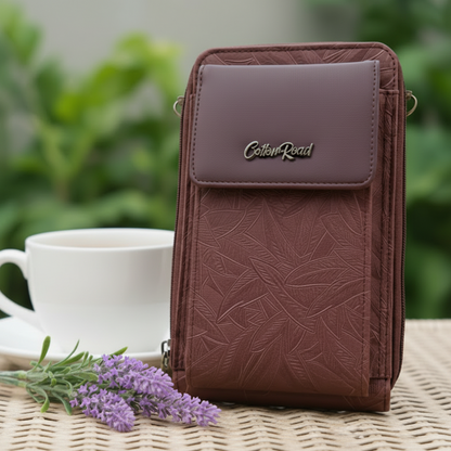 Cotton Road Sling Wallet: BROWN PU Leather Cellphone Sling Wallet with EMBOSSED leaf pattern