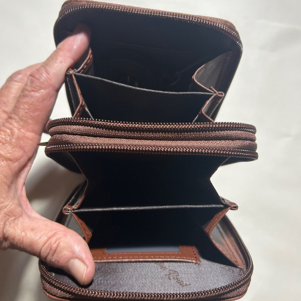 Cotton Road Sling Wallet: COFFEE PU Leather Cellphone Sling Wallet with EMBOSSED leaf pattern OPEN