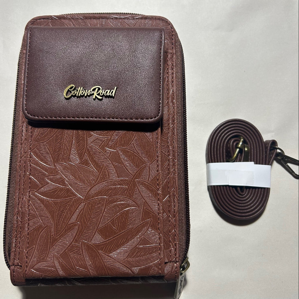 Cotton Road Sling Wallet: COFFEE PU Leather Cellphone Sling Wallet with EMBOSSED leaf pattern SET