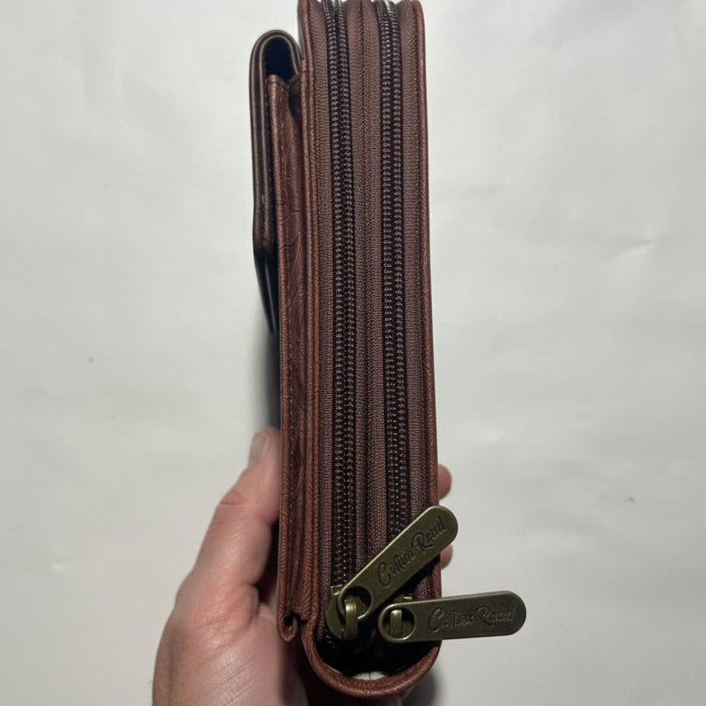 Cotton Road Sling Wallet: COFFEE PU Leather Cellphone Sling Wallet with EMBOSSED leaf pattern SIDE CLOSED