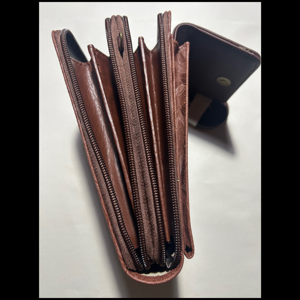 Cotton Road Sling Wallet: COFFEE PU Leather Cellphone Sling Wallet with EMBOSSED leaf pattern OPEN VIEW