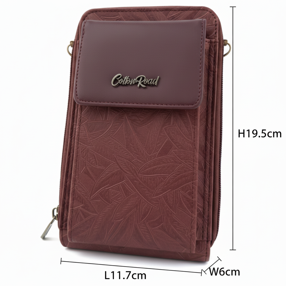 Cotton Road Sling Wallet: BROWN PU Leather Cellphone Sling Wallet with EMBOSSED leaf pattern SIZED