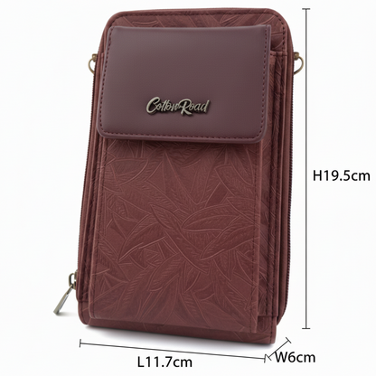 Cotton Road Sling Wallet: BROWN PU Leather Cellphone Sling Wallet with EMBOSSED leaf pattern SIZED