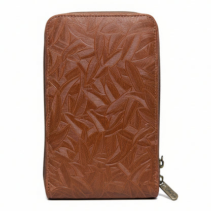 Cotton Road Sling Wallet: TAN BROWN PU Leather Cellphone Sling Wallet with EMBOSSED leaf pattern BACK