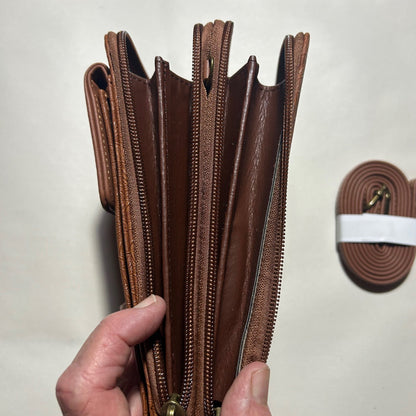 Cotton Road Sling Wallet: TAN BROWN PU Leather Cellphone Sling Wallet with EMBOSSED leaf pattern SIDE OPEN