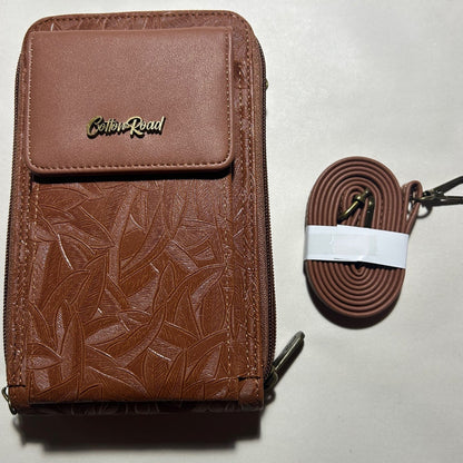 Cotton Road Sling Wallet: TAN BROWN PU Leather Cellphone Sling Wallet with EMBOSSED leaf pattern SET
