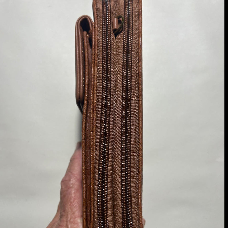 Cotton Road Sling Wallet: TAN BROWN PU Leather Cellphone Sling Wallet with EMBOSSED leaf pattern ZIPS