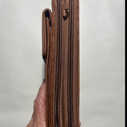 Cotton Road Sling Wallet: TAN BROWN PU Leather Cellphone Sling Wallet with EMBOSSED leaf pattern ZIPS