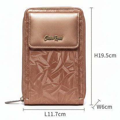 Cotton Road Sling Wallet: TAN BROWN PU Leather Cellphone Sling Wallet with EMBOSSED leaf pattern SIZES