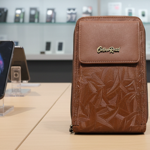 Cotton Road Sling Wallet: TAN BROWN PU Leather Cellphone Sling Wallet with EMBOSSED leaf pattern