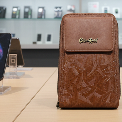 Cotton Road Sling Wallet: TAN BROWN PU Leather Cellphone Sling Wallet with EMBOSSED leaf pattern