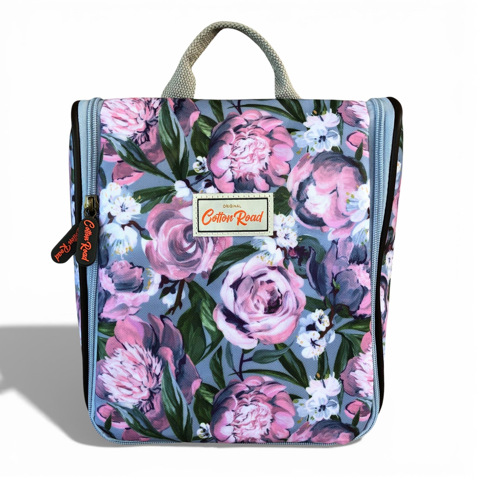 Cotton Road blue floral hanging vanity bag front view branded