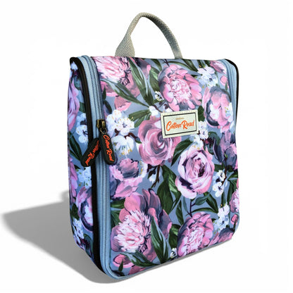 Cotton Road blue floral hanging vanity bag front view on white