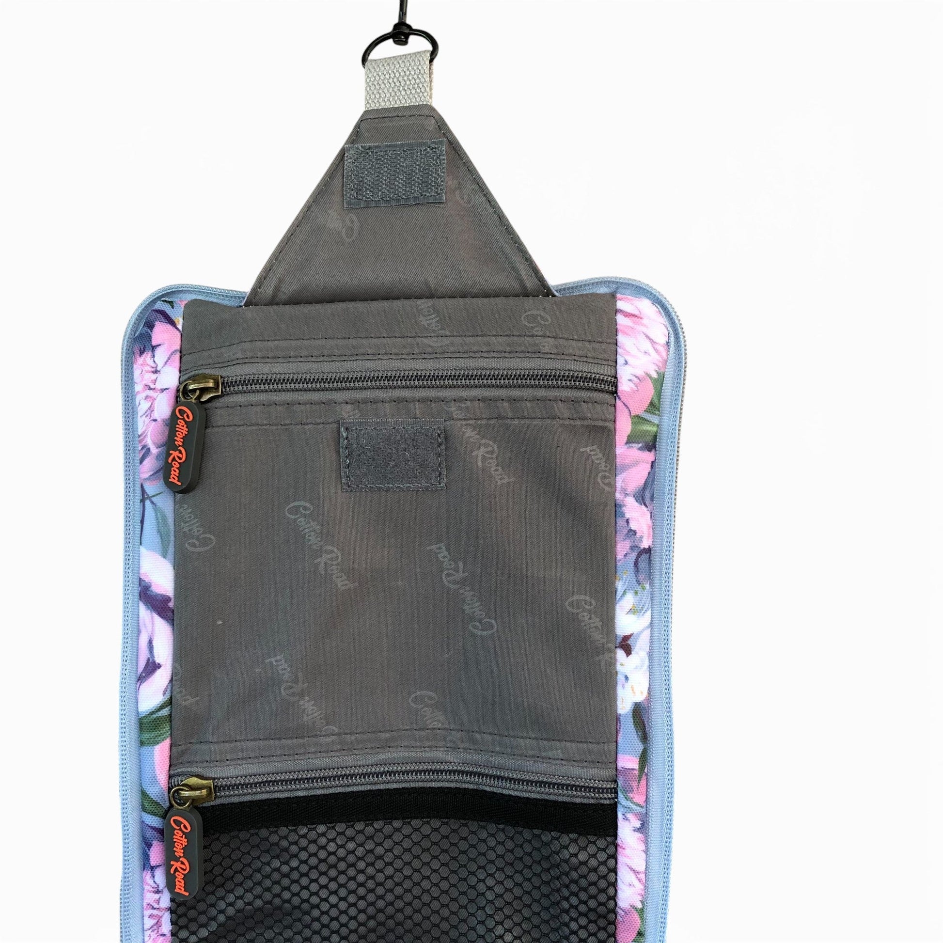 Cotton Road blue floral hanging vanity bag front open view net pocket