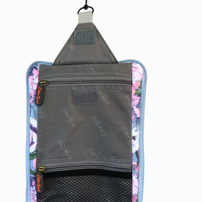 Cotton Road blue floral hanging vanity bag front open view net pocket