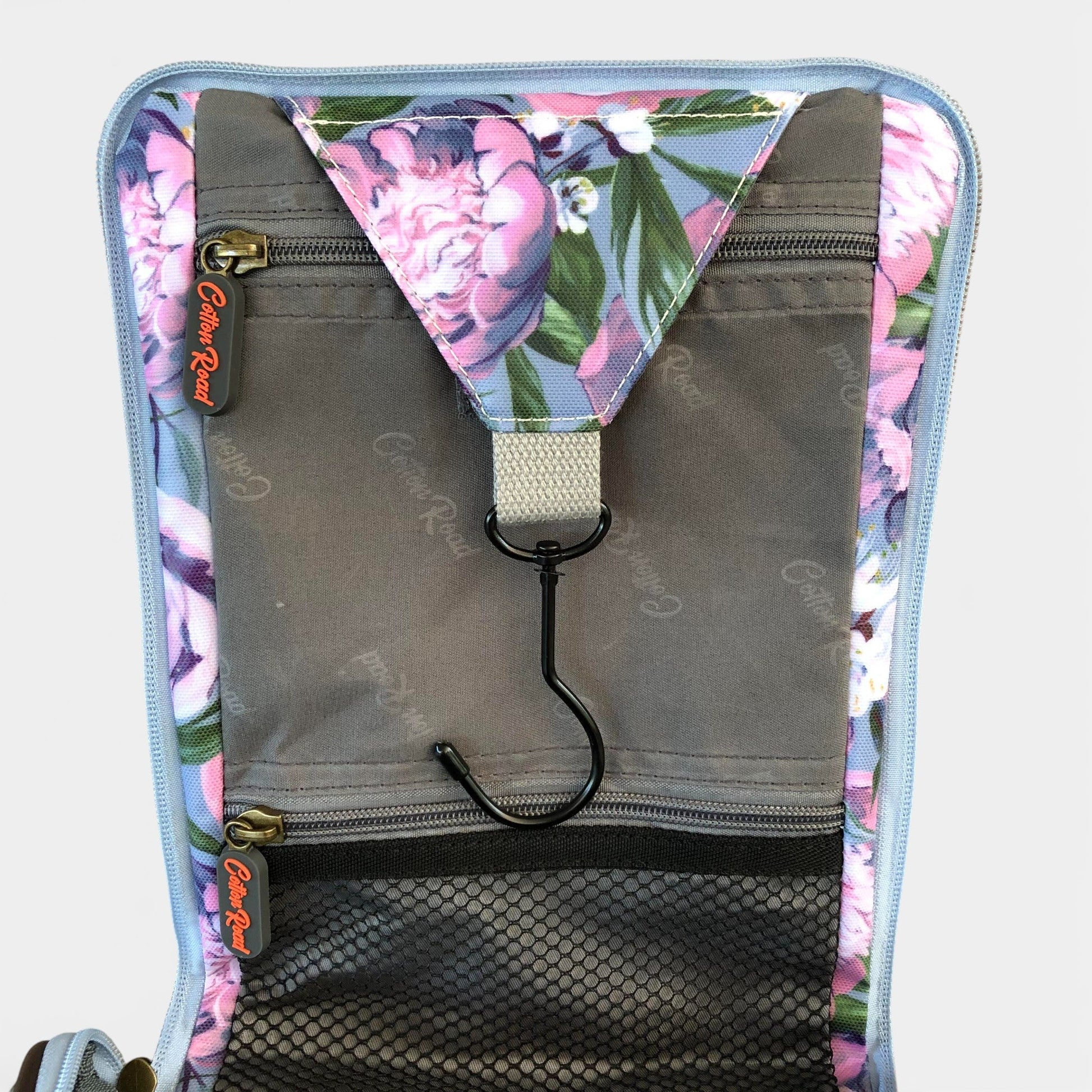 Cotton Road blue floral hanging vanity bag front view hook
