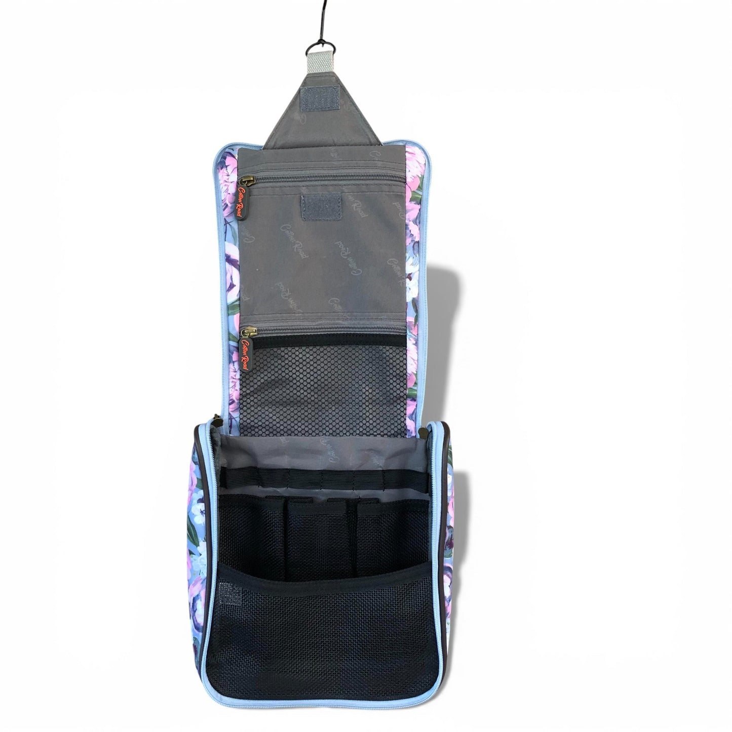 Cotton Road blue floral hanging vanity bag front open view