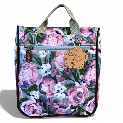 Cotton Road blue floral hanging vanity bag rear view