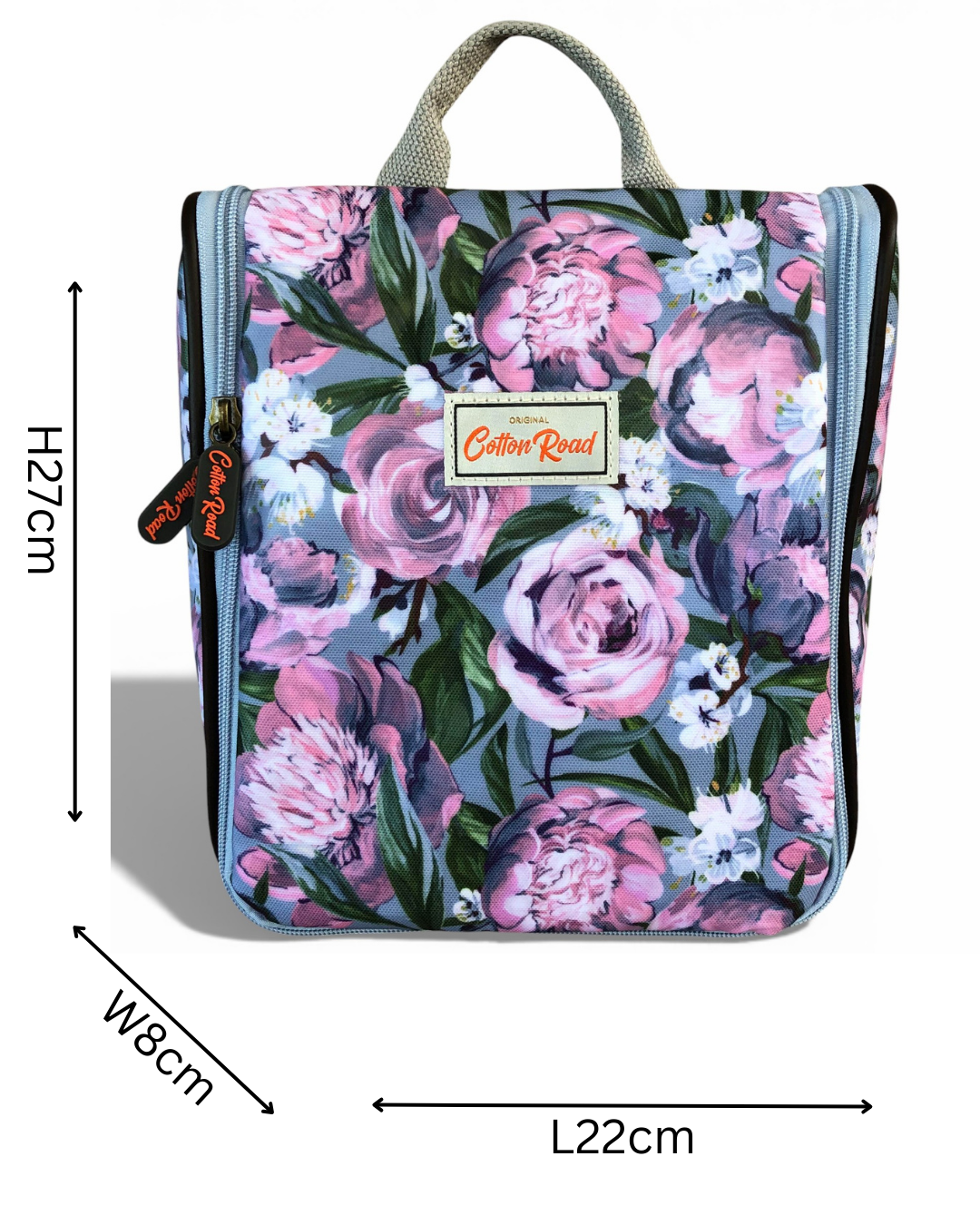 Cotton Road blue floral hanging vanity bag front view sized