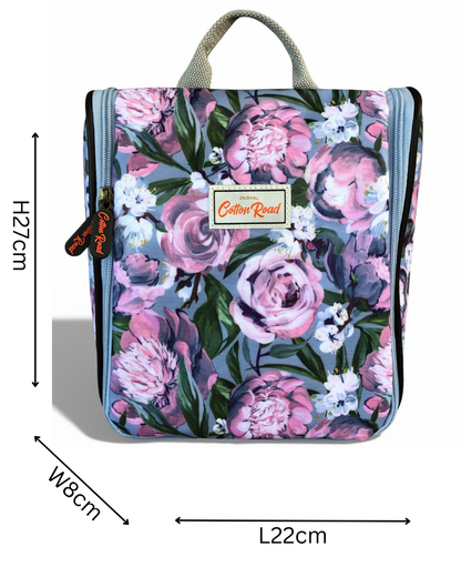 Cotton Road blue floral hanging vanity bag front view sized